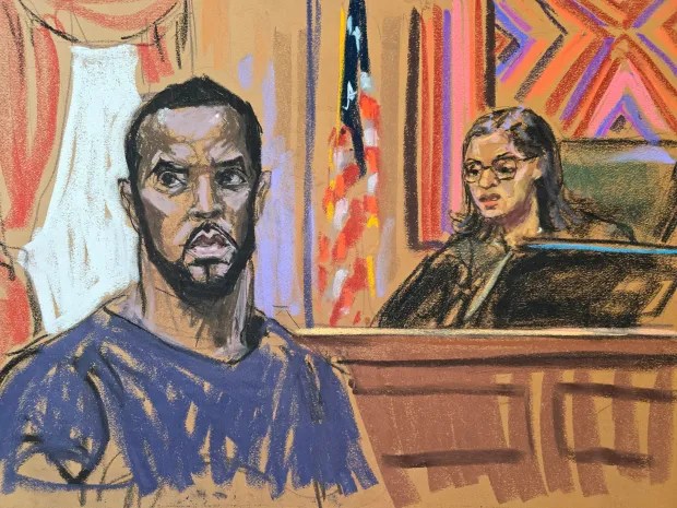 Combs in a court sketch sat before U.S. Magistrate Judge Robyn Tarnofsky after prosecutors brought three criminal charges against him