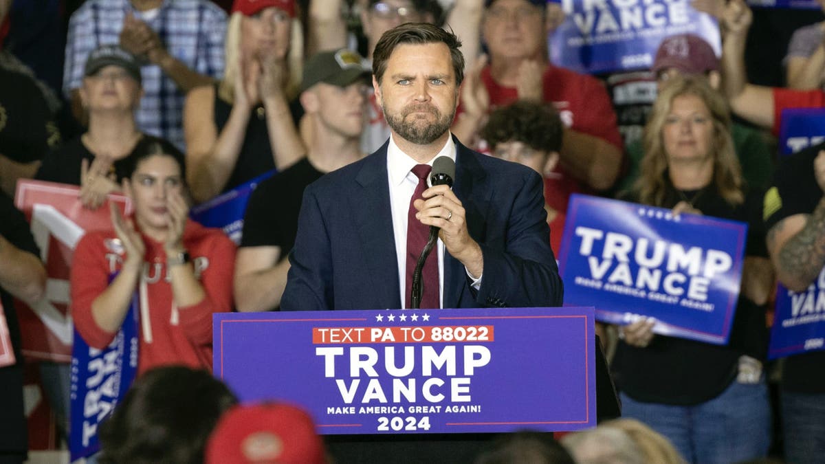 Republican vice presidential nominee Sen. JD Vance, R-Ohio, speaks during a campaign rally Saturday, Sept. 28, 2024, in Newtown, Pa. (AP Photo/Laurence Kesterson)