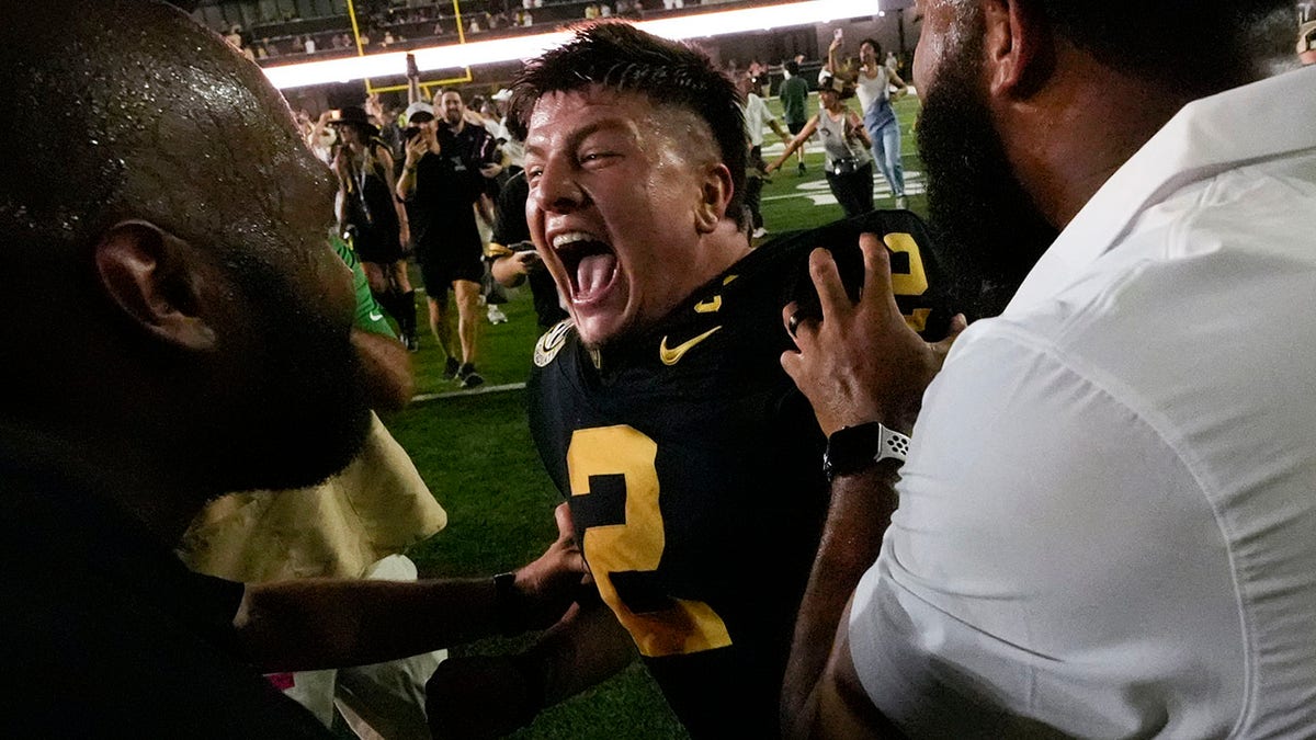 Vanderbilt quarterback Diego Pavia celebrates