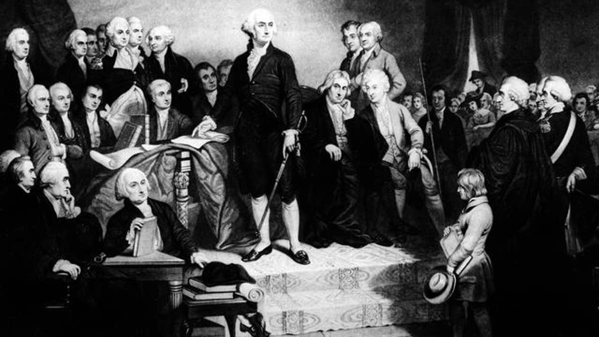 President George Washington delivers his inaugural address in the Senate Chamber of Old Federal Hall in New York on April 30, 1789. (AP Photo)