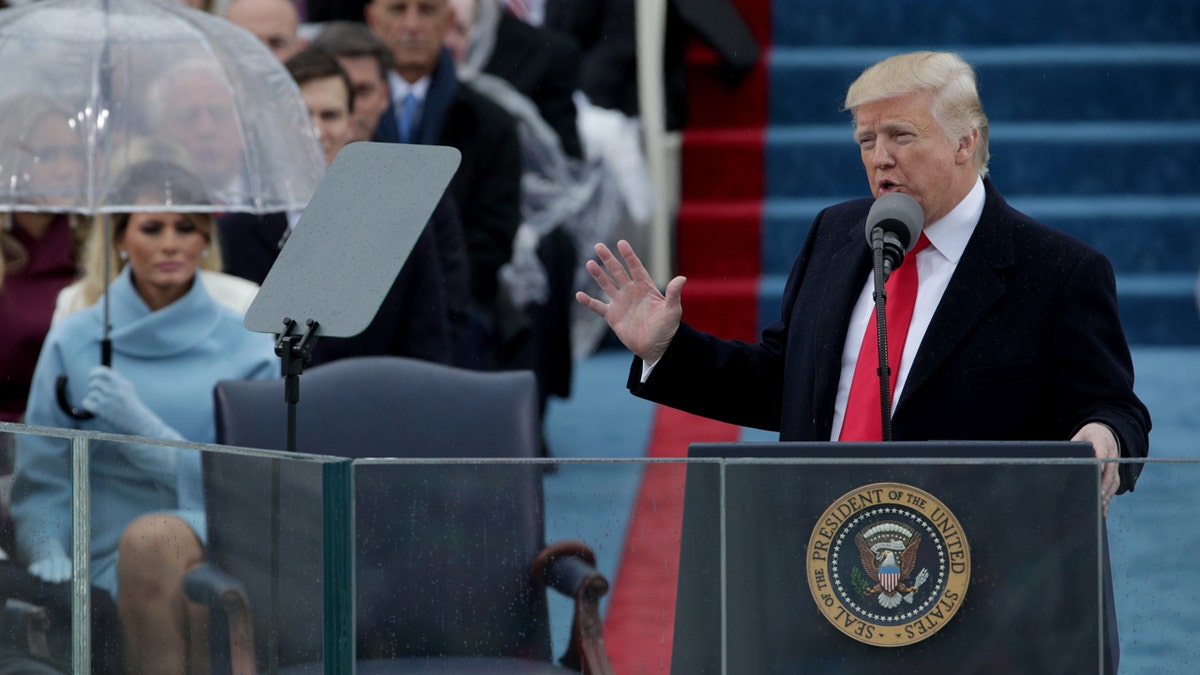 Donald Trump giving his inaugural address in 2017