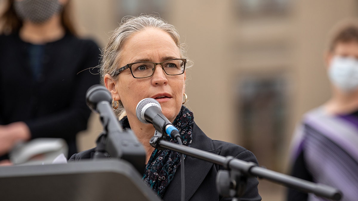 Carolyn Bourdeaux speaks during a campaign event outside the Georgia State Capitol in Atlanta on Nov. 10, 2020.