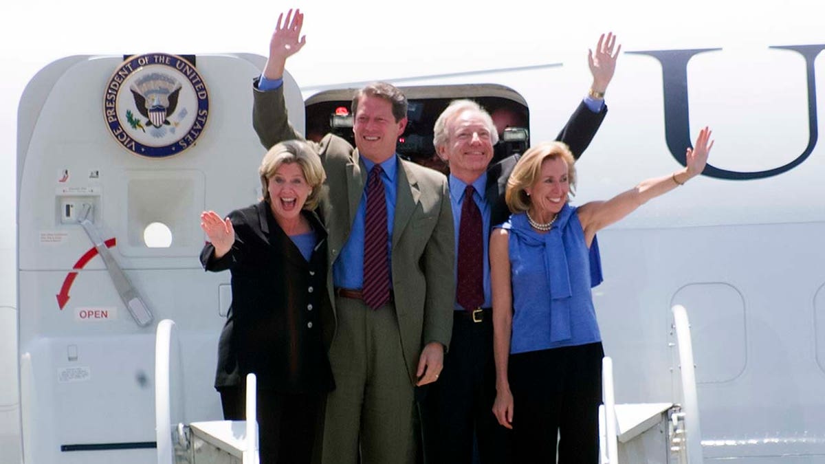 Al and Tipper Gore and Joe and Hadassah Lieberman wave to the crowd upon their arrival for the Democratic National Convention, on Aug. 16, 2000, in Burbank, California.